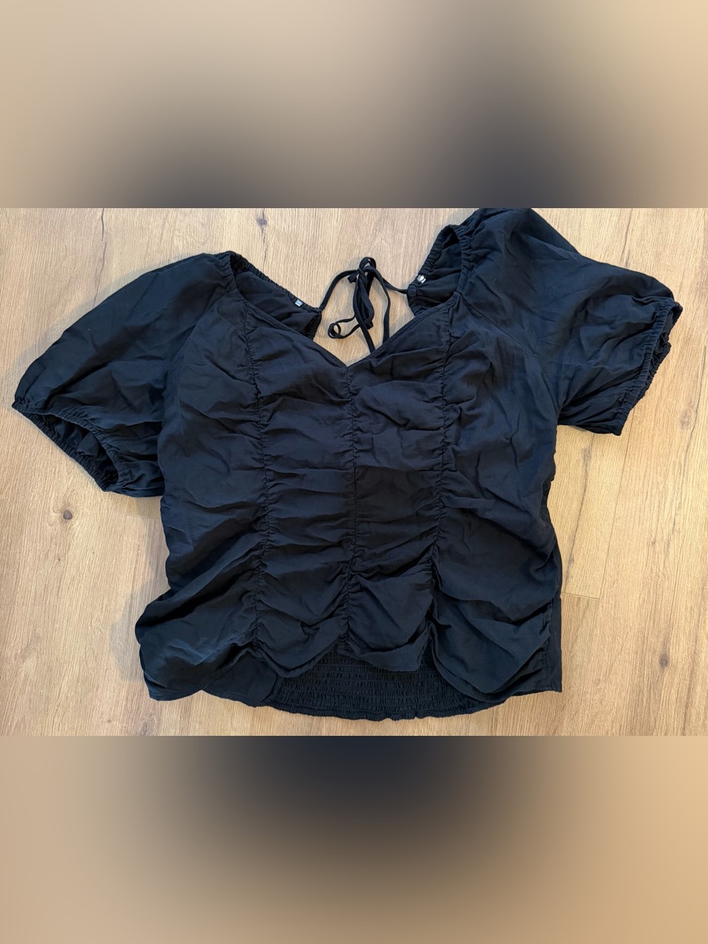 Ava & Viv Black Ruched Tie-Back Short Sleeve Blouse